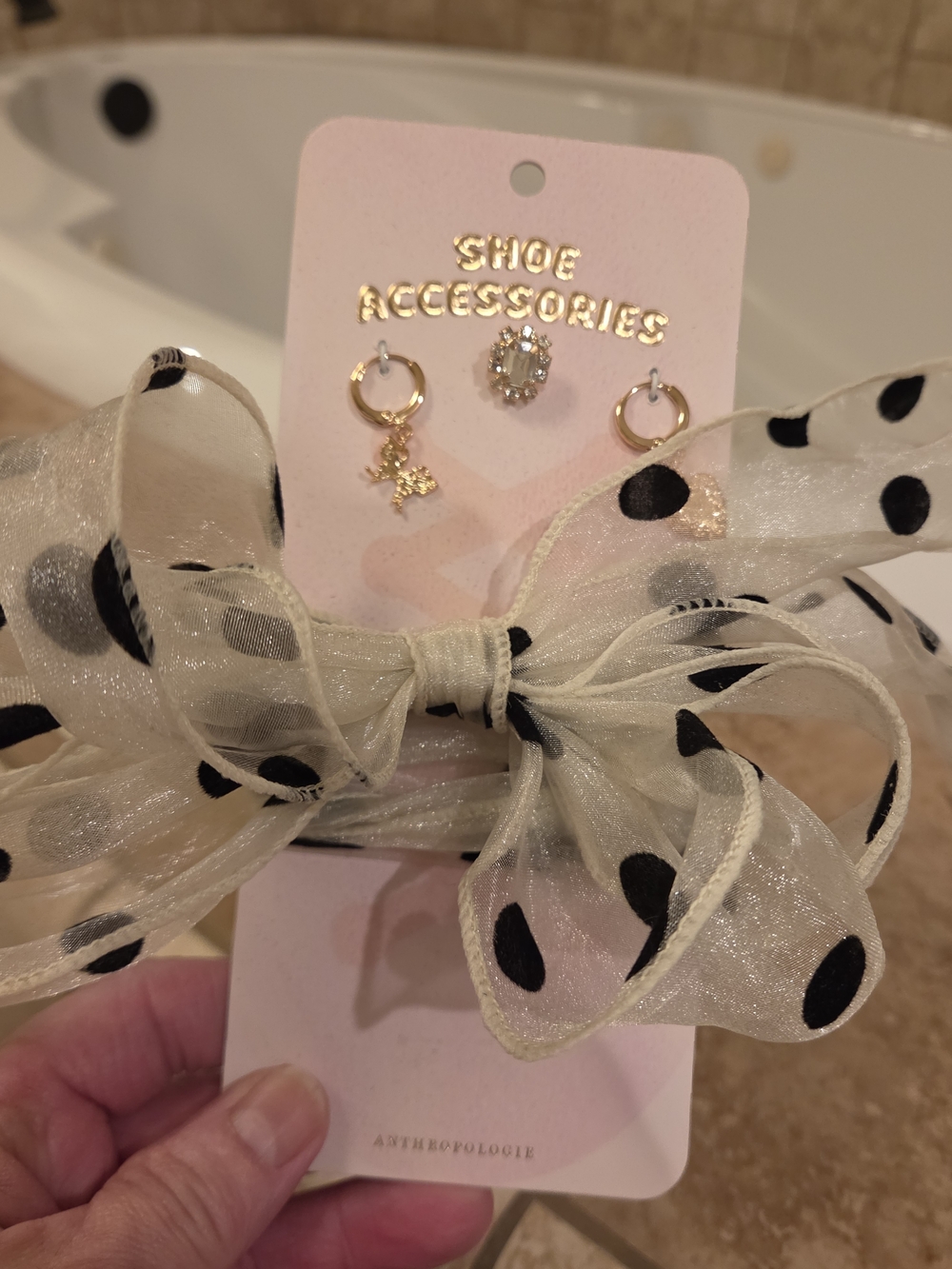 Anthropologie Cream Bow Shoe Accessory with Black Polka Dots and Gold Charms
